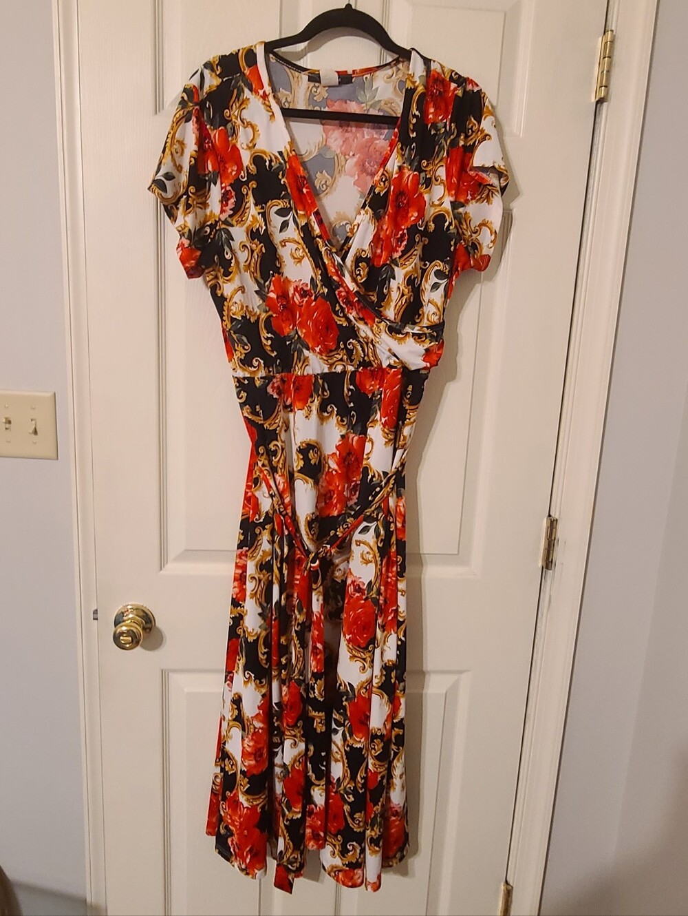 Arabella Floral Wrap Midi Dress in Red and Black